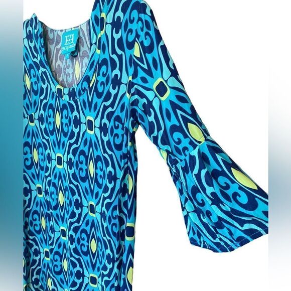 Escapada Sz S Blue Turquoise Geometric Pattern Bell 3/4 Sleeves Sheath Dress - Picture 3 of 5